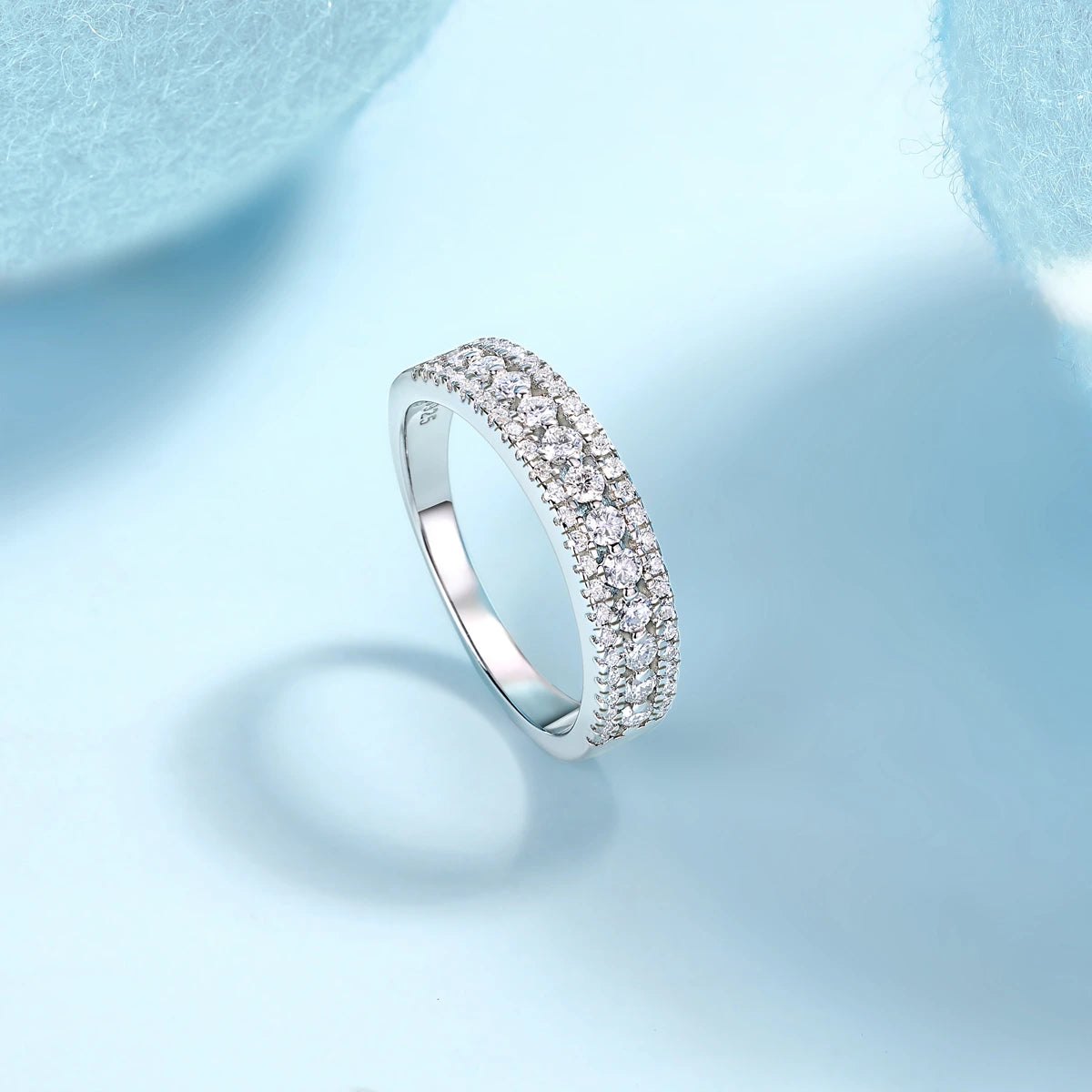 Sterling silver pave moissanite wedding band ring