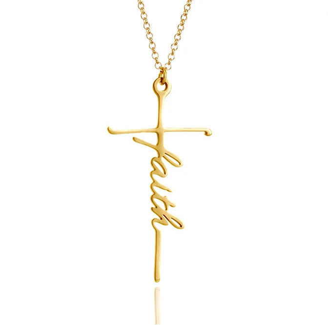 Gold tone Faith script cross necklace