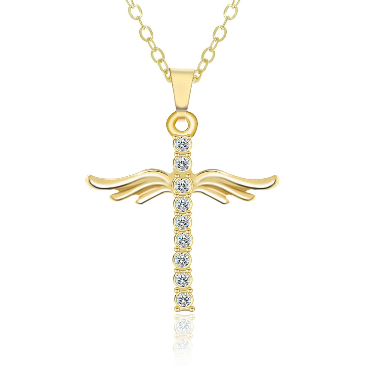 Gold tone angel wing cross necklace with CZ stones