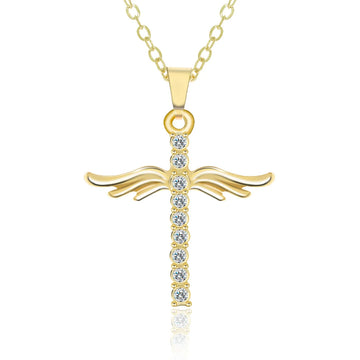 Gold tone angel wing cross necklace with CZ stones