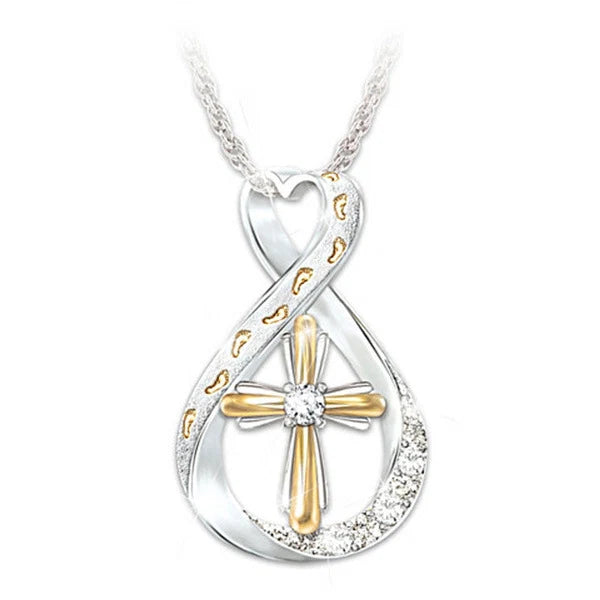 Footprints Infinity Cross Necklace Two Tone