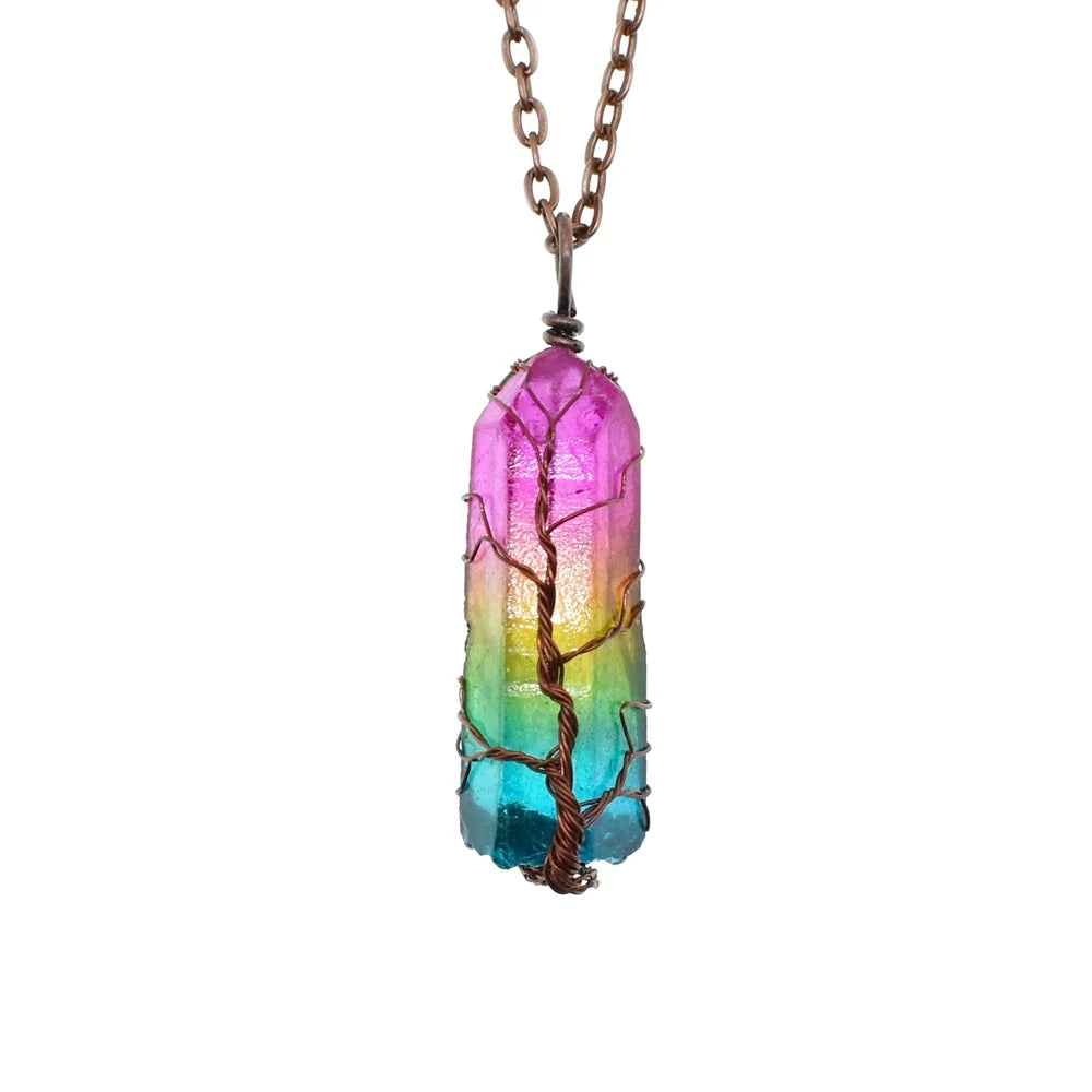 Rainbow tree of life crystal necklace wrapped in copper wire