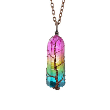 Rainbow tree of life crystal necklace wrapped in copper wire