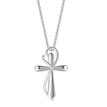 Two-tone gold plated brass cross necklace with heart infinity design