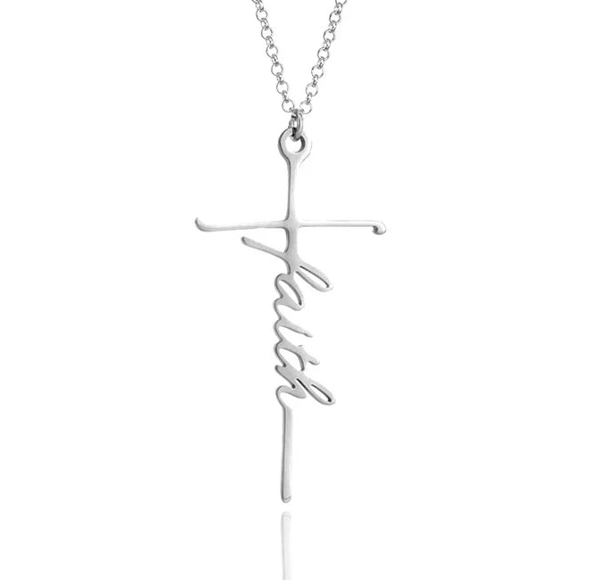 Silver tone Faith script cross necklace
