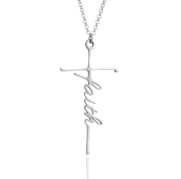 Silver tone Faith script cross necklace