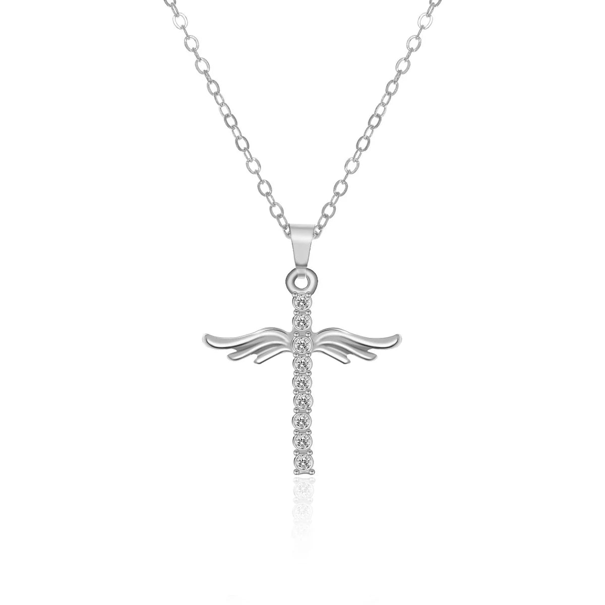 Silver tone angel wing cross necklace with CZ stones