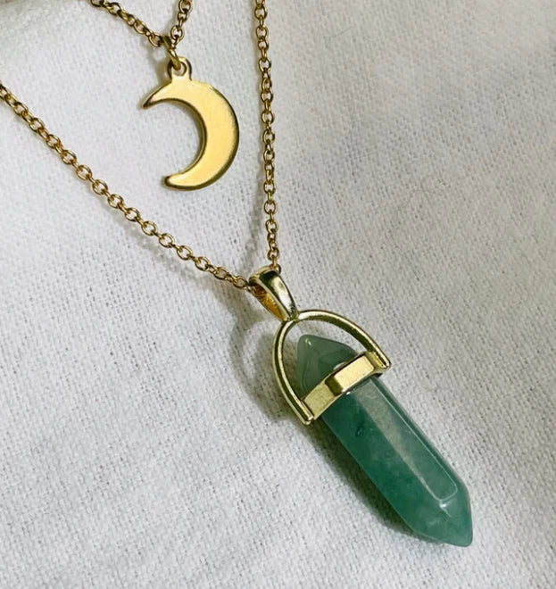 Green aventurine crystal point necklace with moon charm