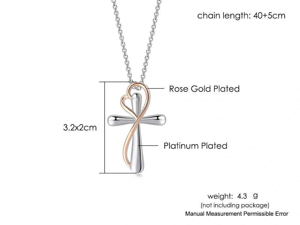 Silver and rose gold cross pendant necklace with chain length and dimensions shown on a white background with text labels.