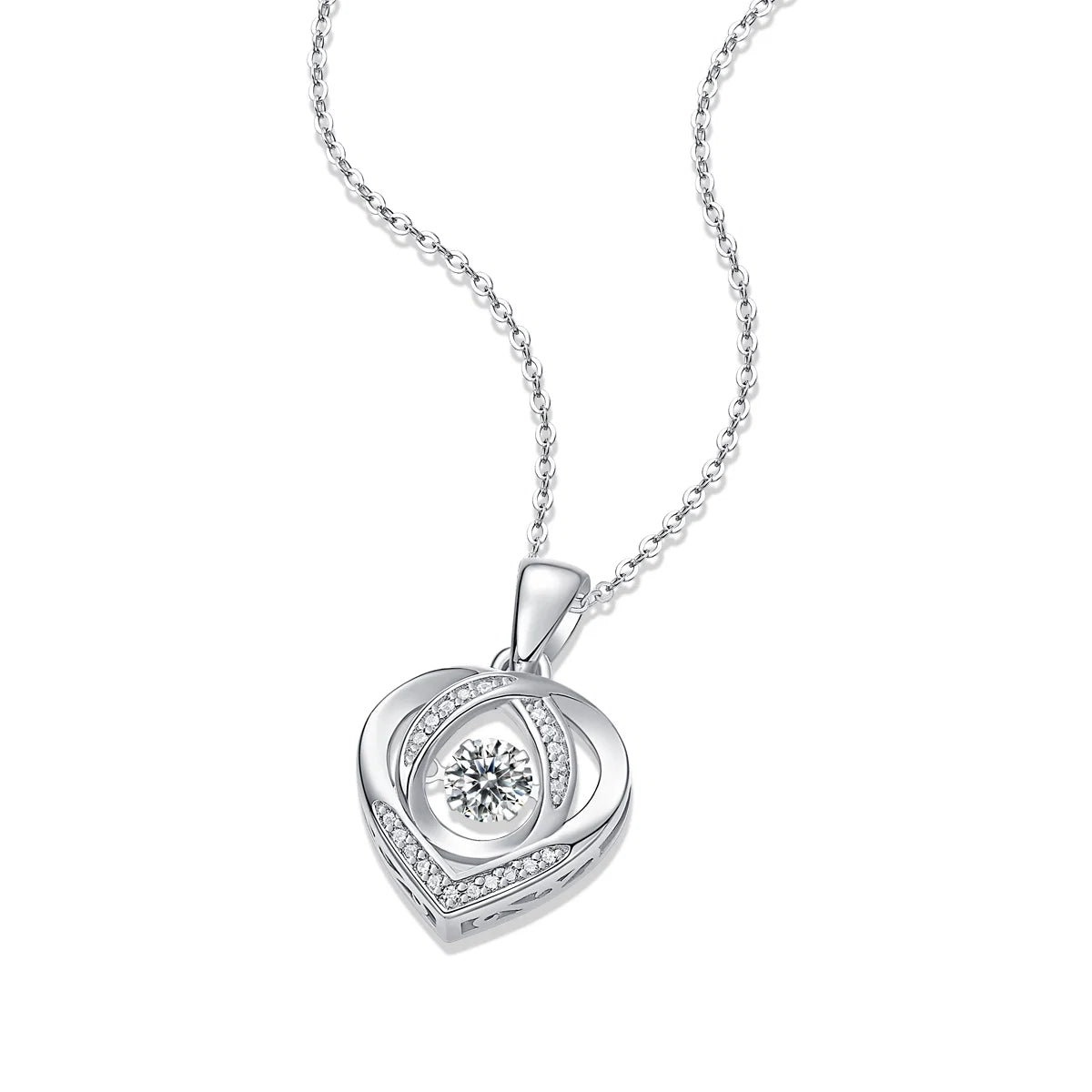 A silver heart-shaped pendant necklace with a central round clear gemstone and small accent stones along the edges, shown on a white background.