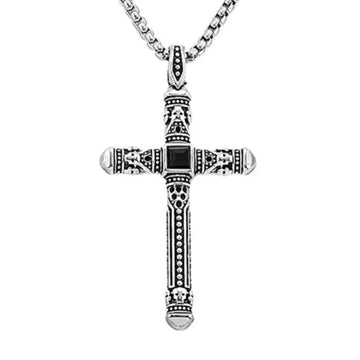 Vintage antique silver cross necklace with black onyx stone