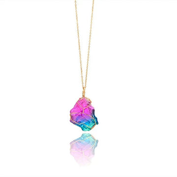 Raw rainbow crystal necklace hand wrapped in gold wire