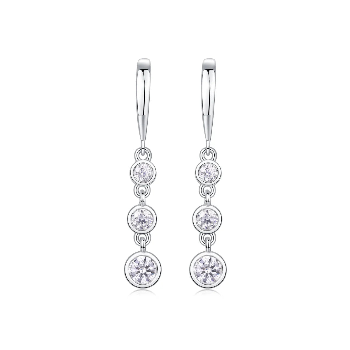 A pair of silver drop earrings with three round clear gemstones in each earring, displayed on a clean white background.