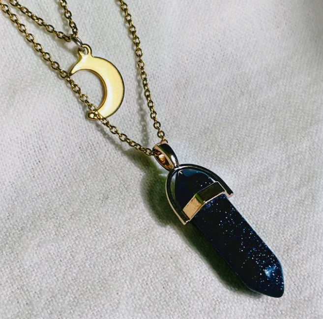 Blue goldstone crystal point necklace with moon charm