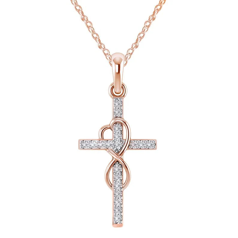 Rose gold tone infinity heart cross necklace with CZ stones