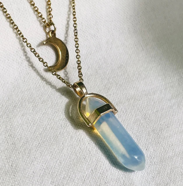 Opalite crystal point necklace with moon charm