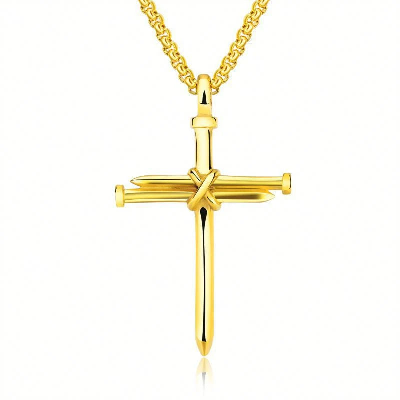 Gold tone stainless steel nail cross necklace on a box chain
