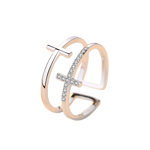 Silver-tone double cross ring with cubic zirconia stones