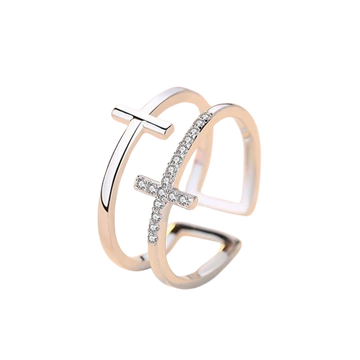 Silver-tone double cross ring with cubic zirconia stones