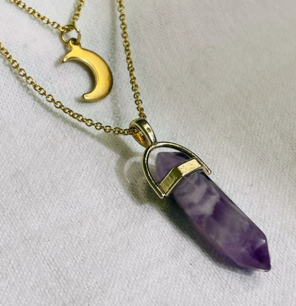 Amethyst crystal point necklace with moon charm