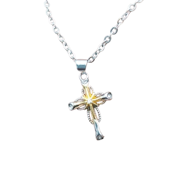 Two-tone nail cross necklace with CZ accents in silver and gold