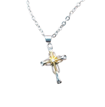 Two-tone nail cross necklace with CZ accents in silver and gold