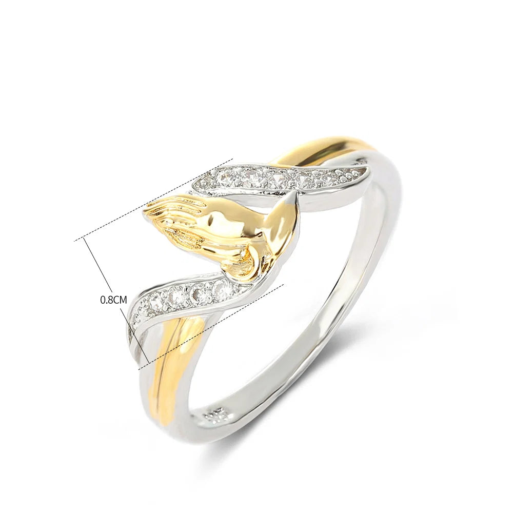 Two tone sterling silver and gold praying hands ring with CZ accents