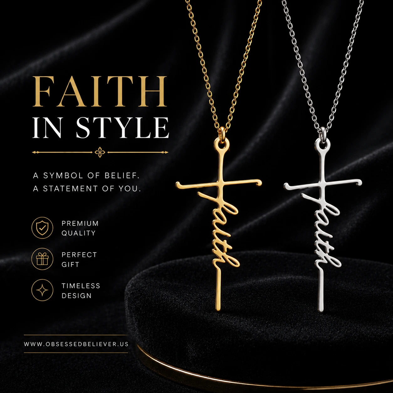 Gold and silver faith cross necklaces on a black velvet background