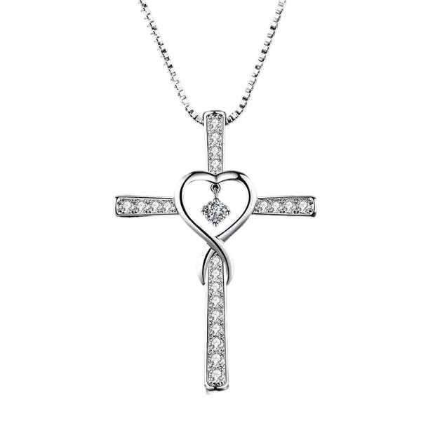 CZ heart cross necklace in sterling silver with dangling CZ accent