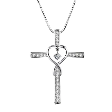 CZ heart cross necklace in sterling silver with dangling CZ accent