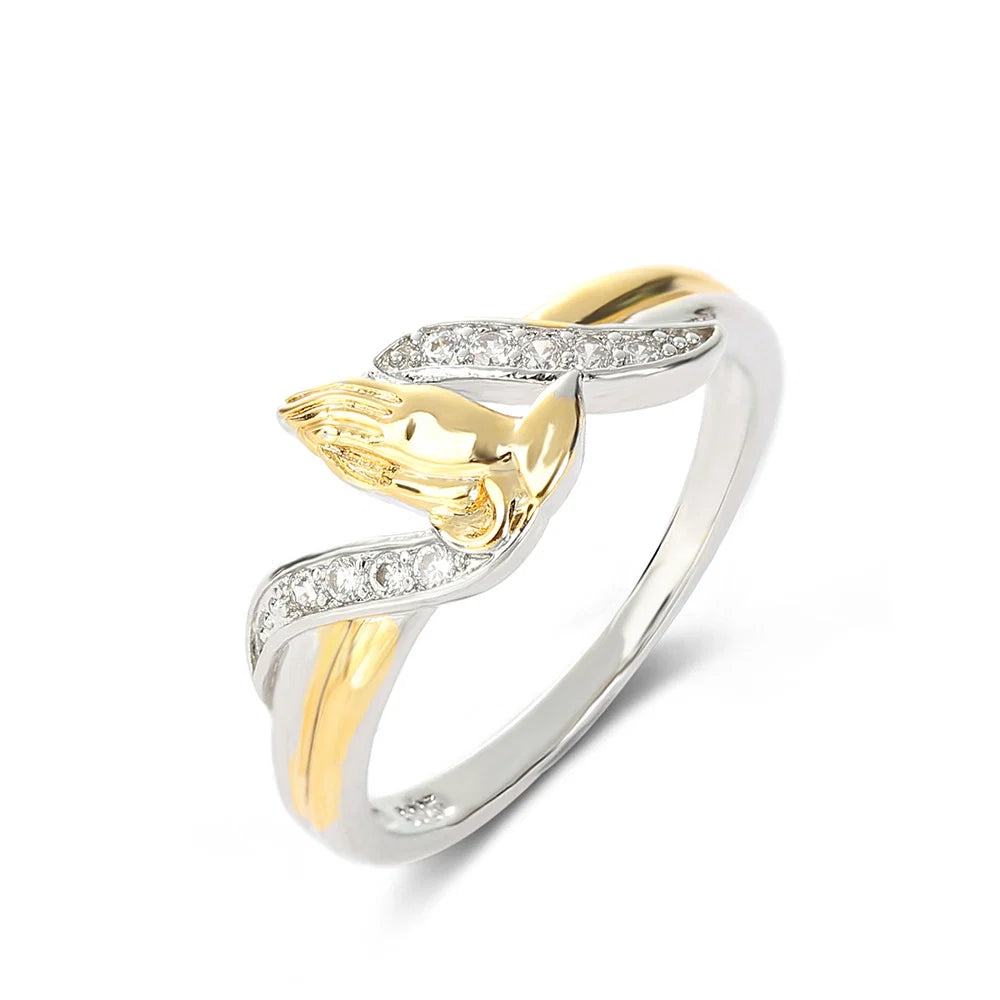 Two tone sterling silver and gold praying hands ring with CZ accents