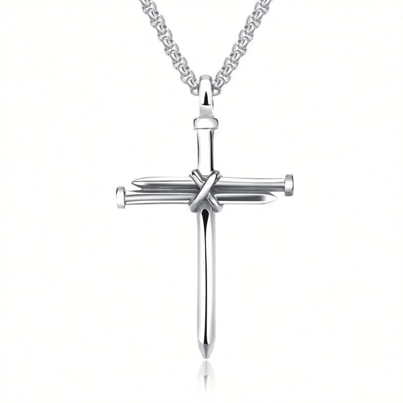 Stainless steel nail cross necklace with three-nail pendant on a box chain