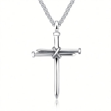 Stainless steel nail cross necklace with three-nail pendant on a box chain